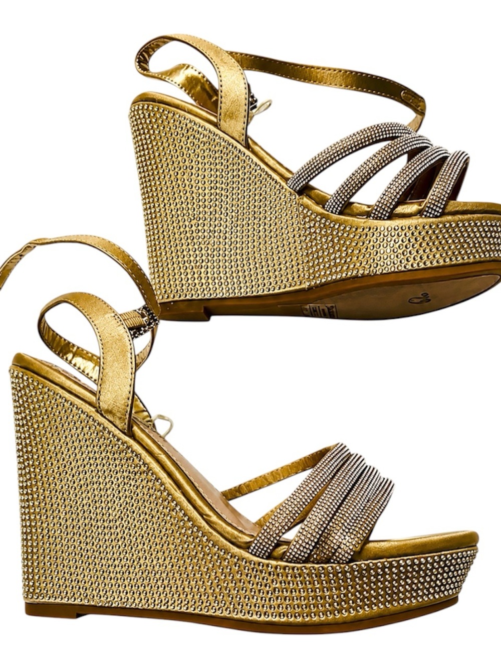 NWT Juicy Couture Crystal Embellished Gold Wedge Sandals | Size 6